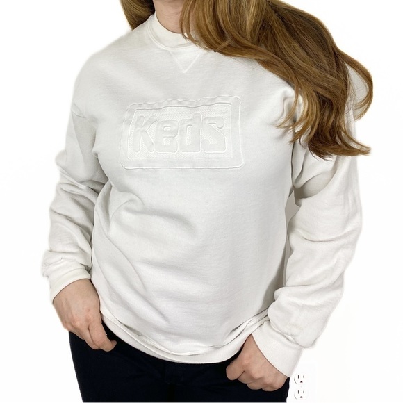 VINTAGE 80s KEDS SPORT White Crewneck Pullover Sweatshirt S/M Retro Athleisure - Picture 1 of 9